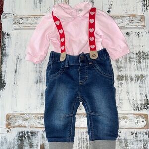 3-6 mos baby Cat & Jack jeans w/heart print suspenders, Starting Out pink onesie
